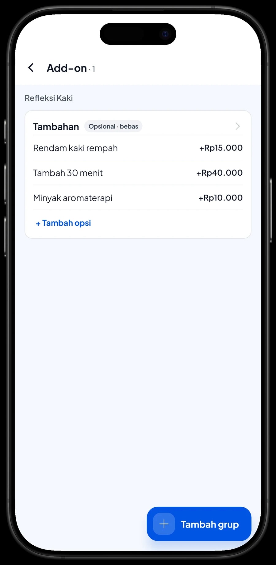 Grup add-on Tambahan untuk Refleksi Kaki: rendam kaki rempah, tambah 30 menit dan minyak aromaterapi
