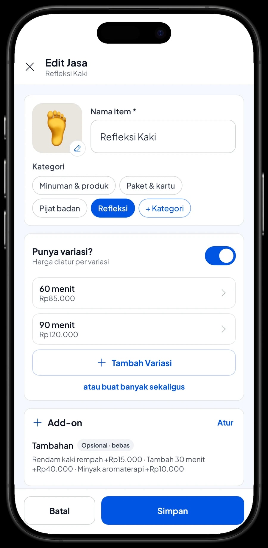 Edit item Refleksi Kaki di Refleksi Kaki Nyaman dengan varian 60 menit dan 90 menit, masing-masing berharga sendiri