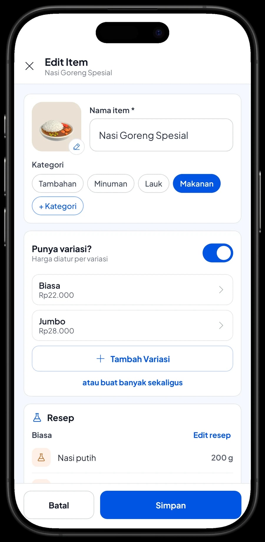 Edit item Nasi Goreng Spesial: varian Biasa dan Jumbo, masing-masing dengan resepnya sendiri