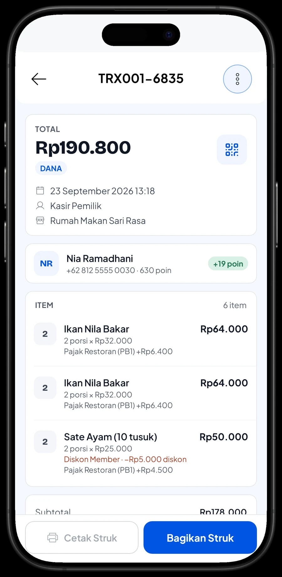 Daftar transaksi dengan detail satu transaksi: menu, pajak restoran, metode bayar dan poin