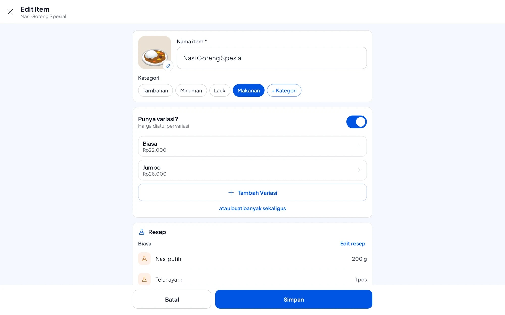Edit item Nasi Goreng Spesial: varian Biasa dan Jumbo, masing-masing dengan resepnya sendiri