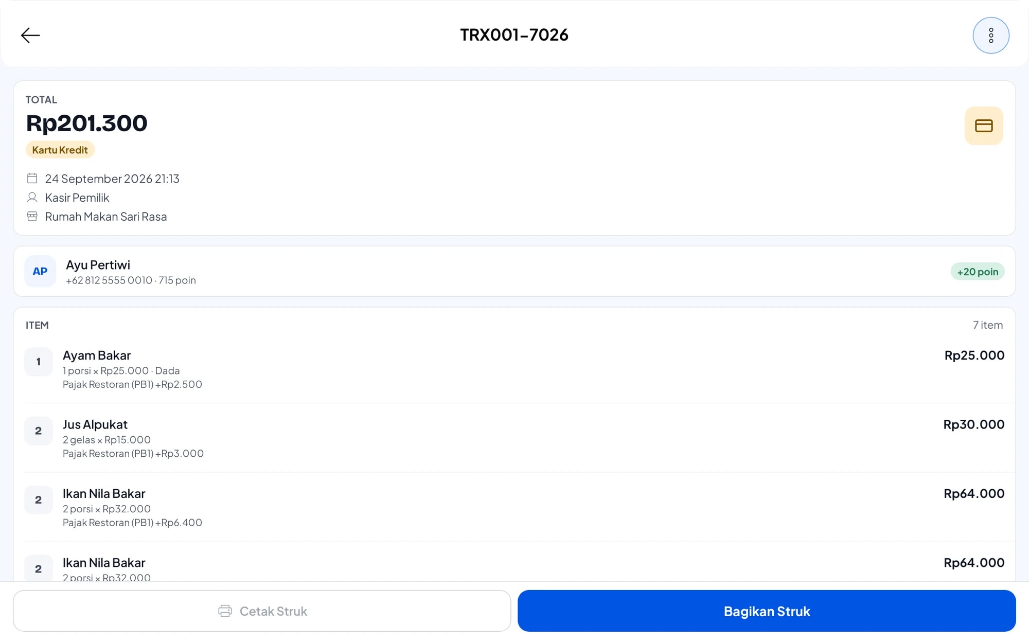 Daftar transaksi dengan detail satu transaksi: menu, pajak restoran, metode bayar dan poin