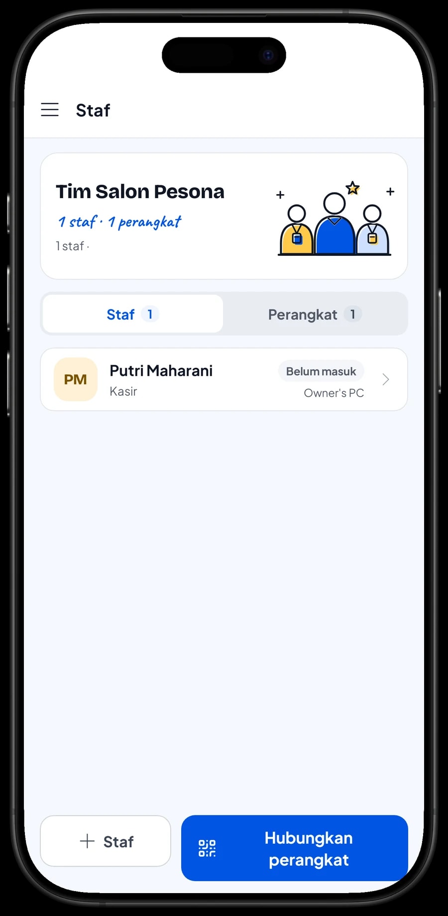 Staf masuk di perangkat kasir: pilih nama staf, lalu masuk dengan PIN