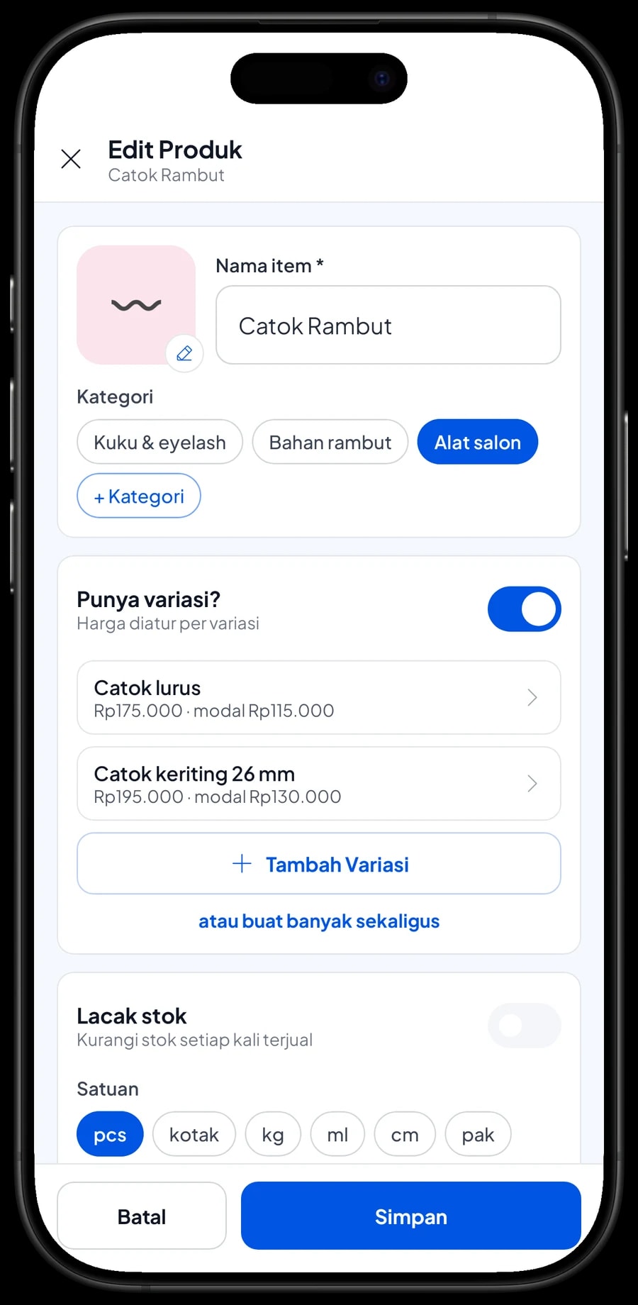 Edit item Catok Rambut dengan varian Catok lurus dan Catok keriting 26 mm, masing-masing dengan harga sendiri