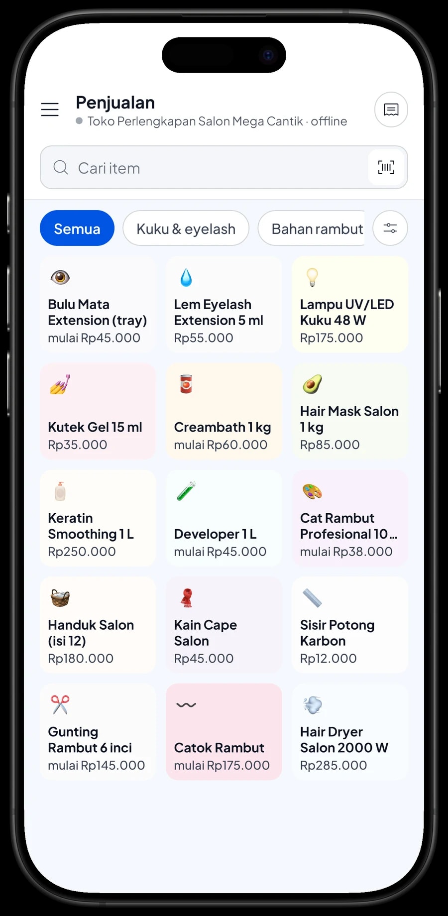 Layar Penjualan Toko Perlengkapan Salon Mega Cantik dengan kategori alat salon, bahan rambut, kuku & eyelash dan keranjang