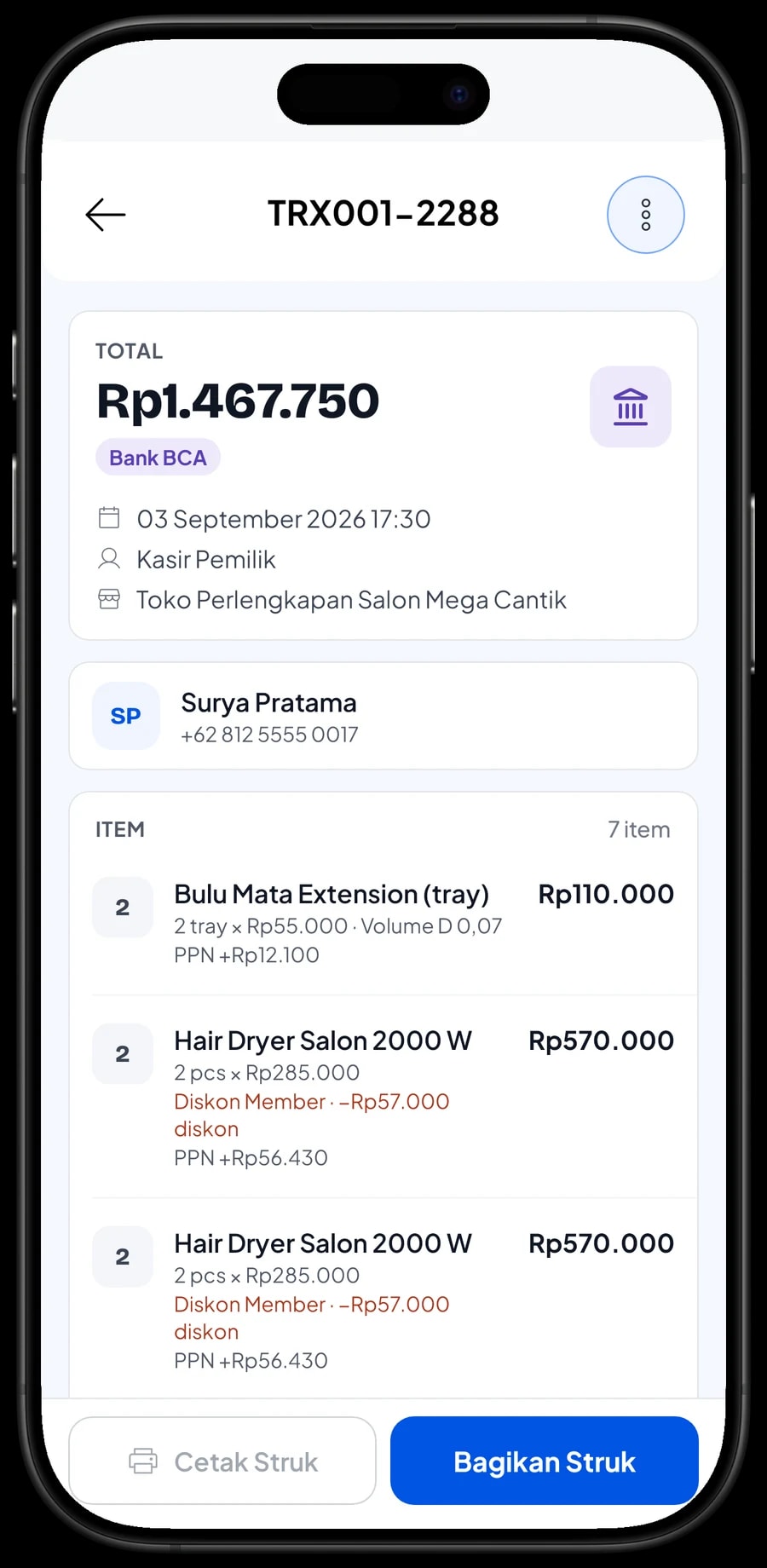 Detail transaksi Toko Perlengkapan Salon Mega Cantik: barang, varian, PPN 11% dan metode pembayaran