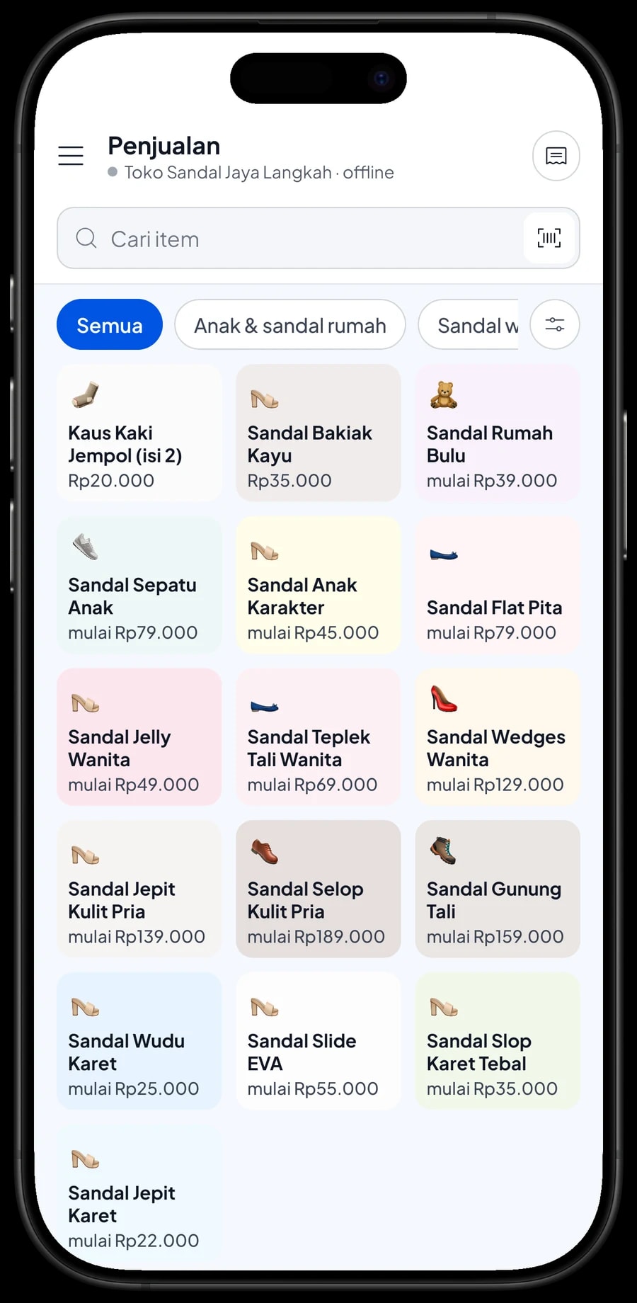 Layar Penjualan Toko Sandal Jaya Langkah dengan tab kategori dan keranjang untuk pelanggan Budi Santoso