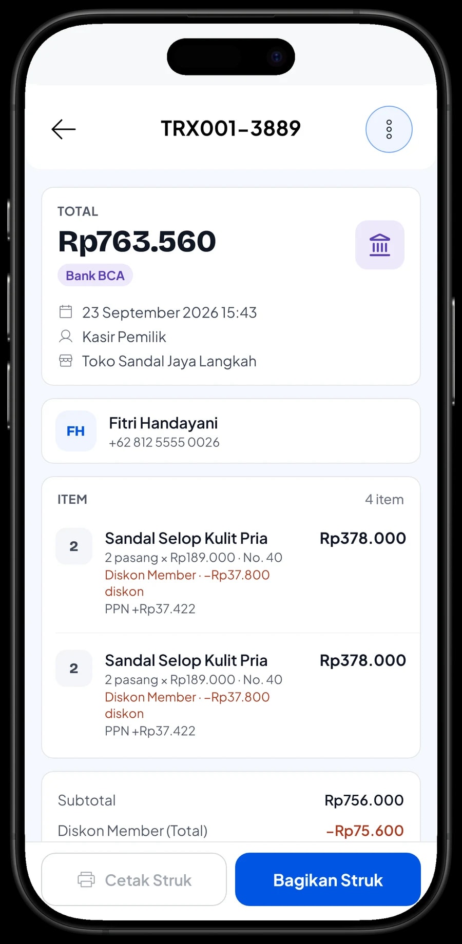 Daftar transaksi dengan detail satu penjualan sandal: barang, PPN dan metode pembayaran