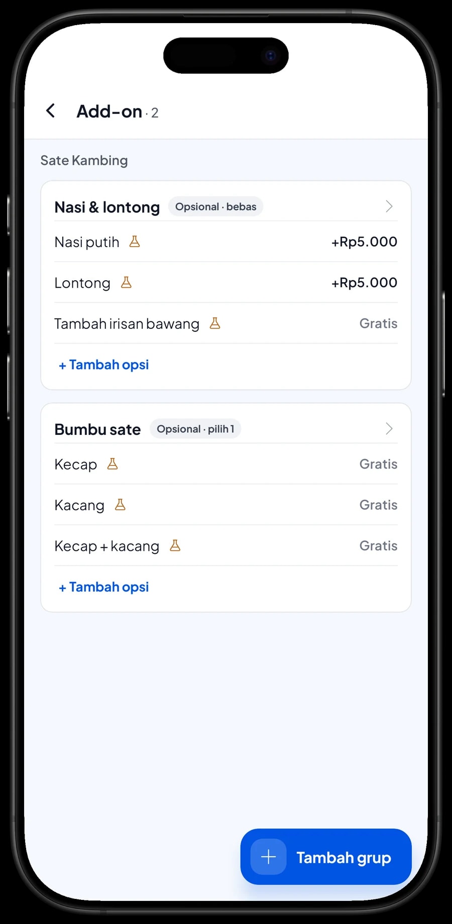 Add-on Sate Kambing: nasi putih, lontong dan irisan bawang, serta bumbu kecap, kacang atau keduanya