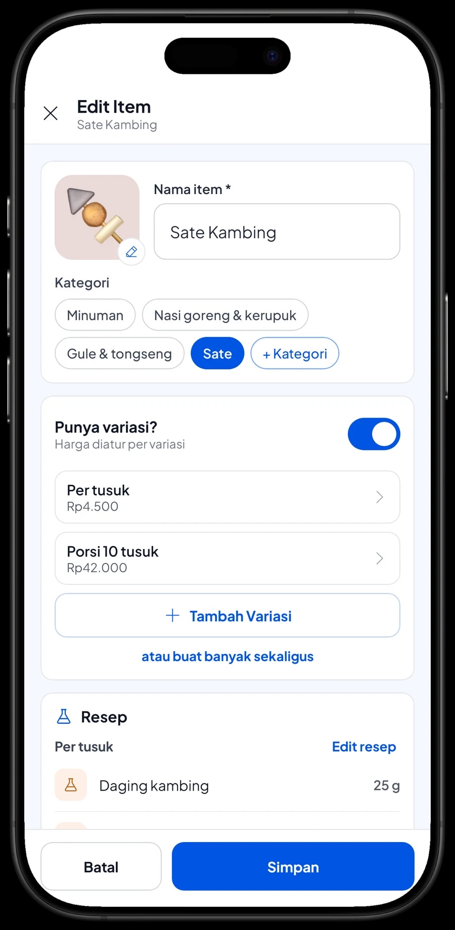 Edit item Sate Kambing: varian Per tusuk Rp4.500 dan Porsi 10 tusuk Rp42.000
