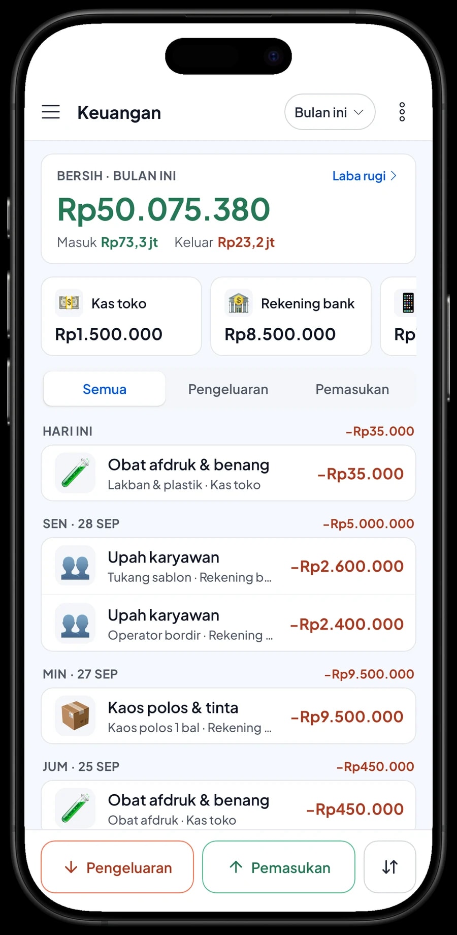 Pengeluaran bulan ini: kaos polos, tinta plastisol, film DTF, upah tukang sablon dan sewa, dengan laba