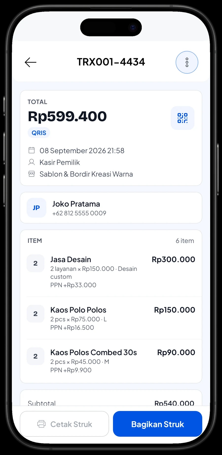 Daftar transaksi Kreasi Warna dengan detail satu nota: item, jumlah, PPN dan metode bayar