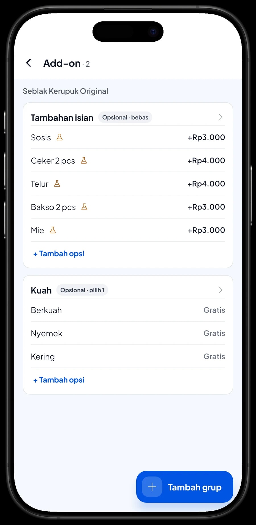 Add-on Seblak Kerupuk Original: tambahan sosis, ceker, telur, bakso dan mie, serta pilihan kuah