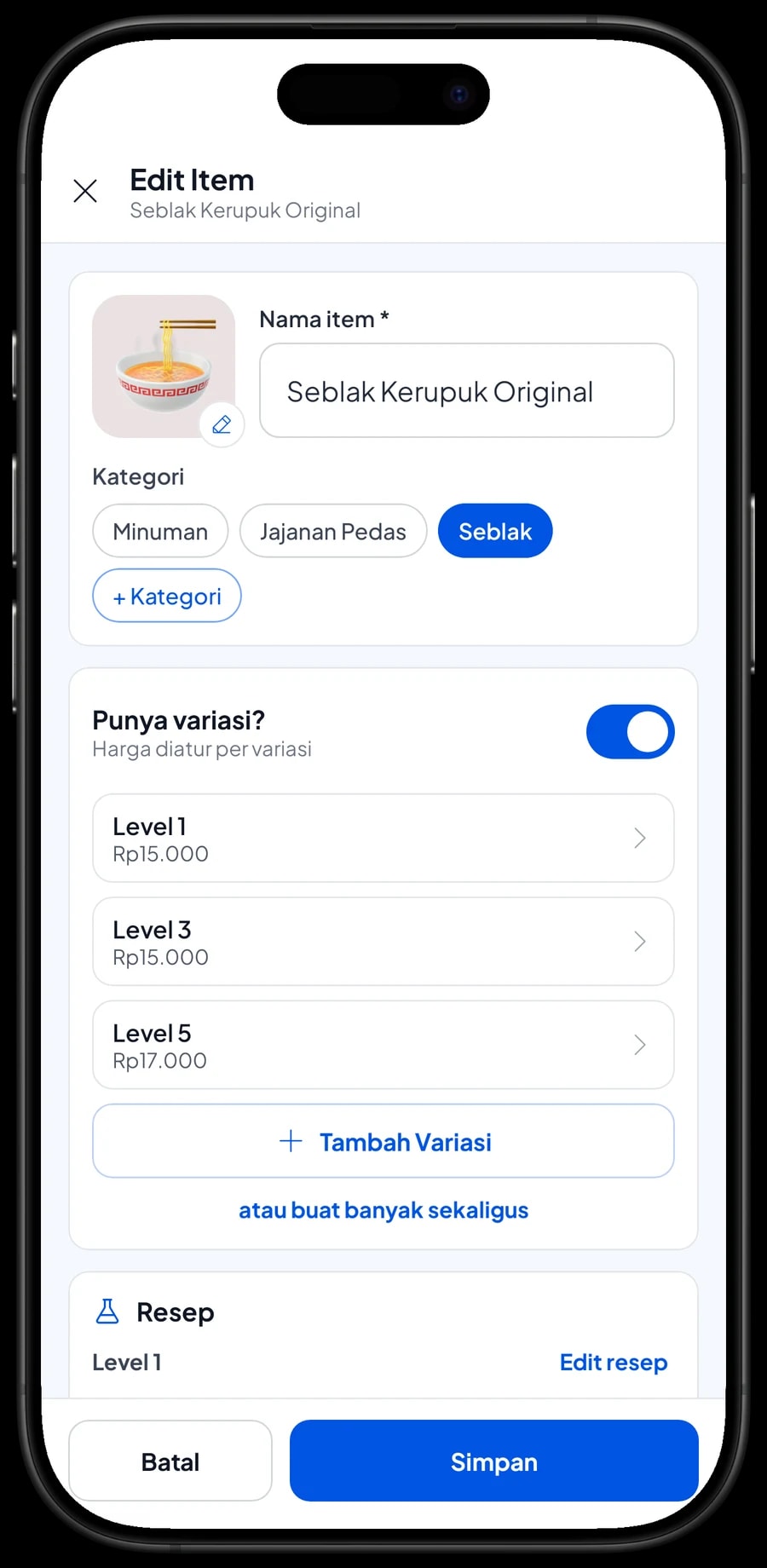 Edit item Seblak Kerupuk Original: varian Level 1, Level 3 dan Level 5 dengan harga masing-masing