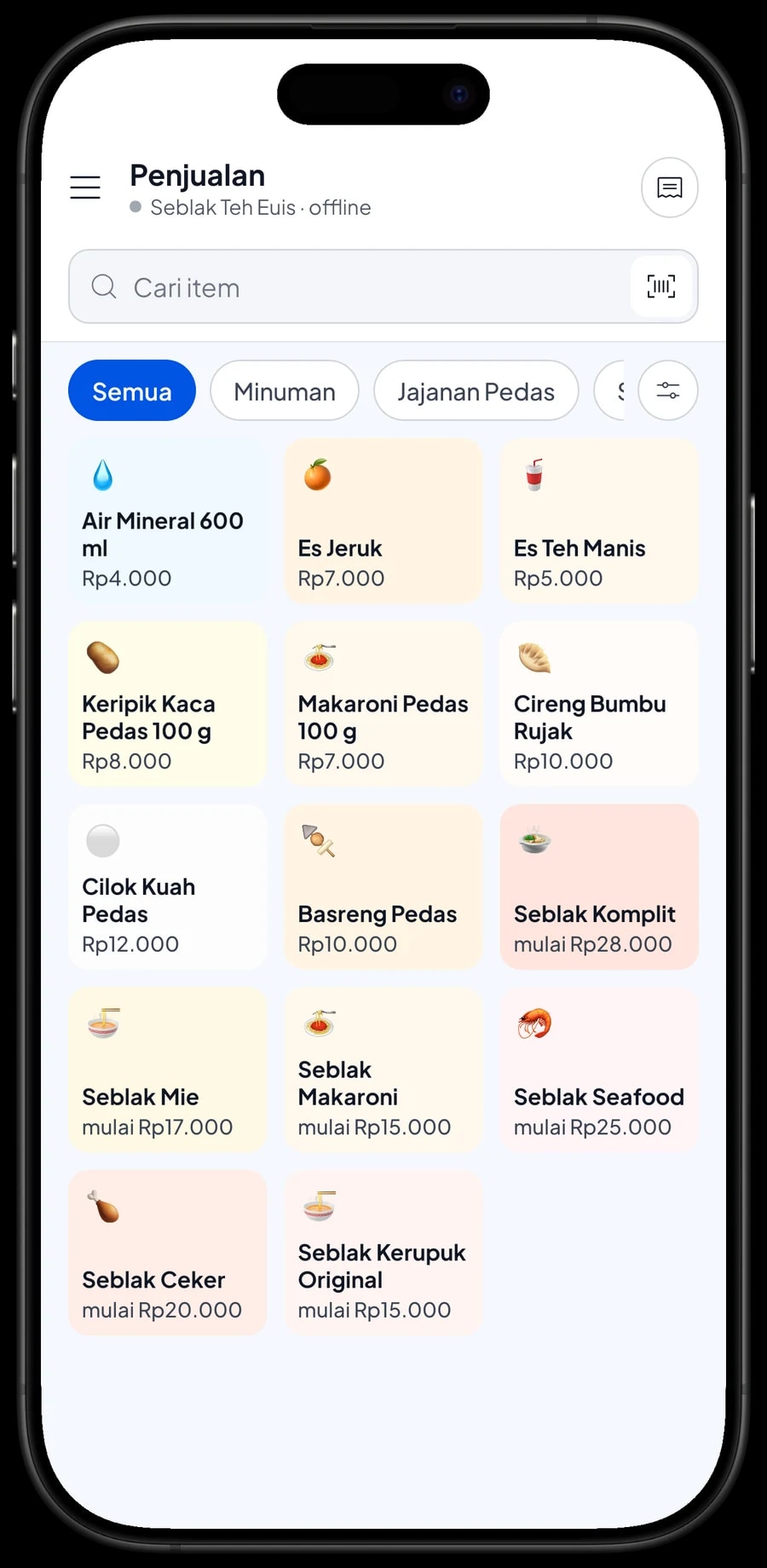 Layar Penjualan Seblak Teh Euis dengan menu seblak, jajanan pedas dan minuman