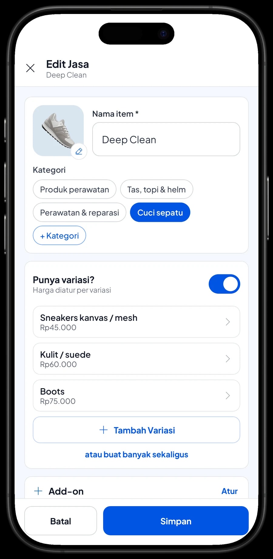 Edit item Deep Clean: varian Sneakers kanvas / mesh, Kulit / suede dan Boots, masing-masing dengan harga sendiri