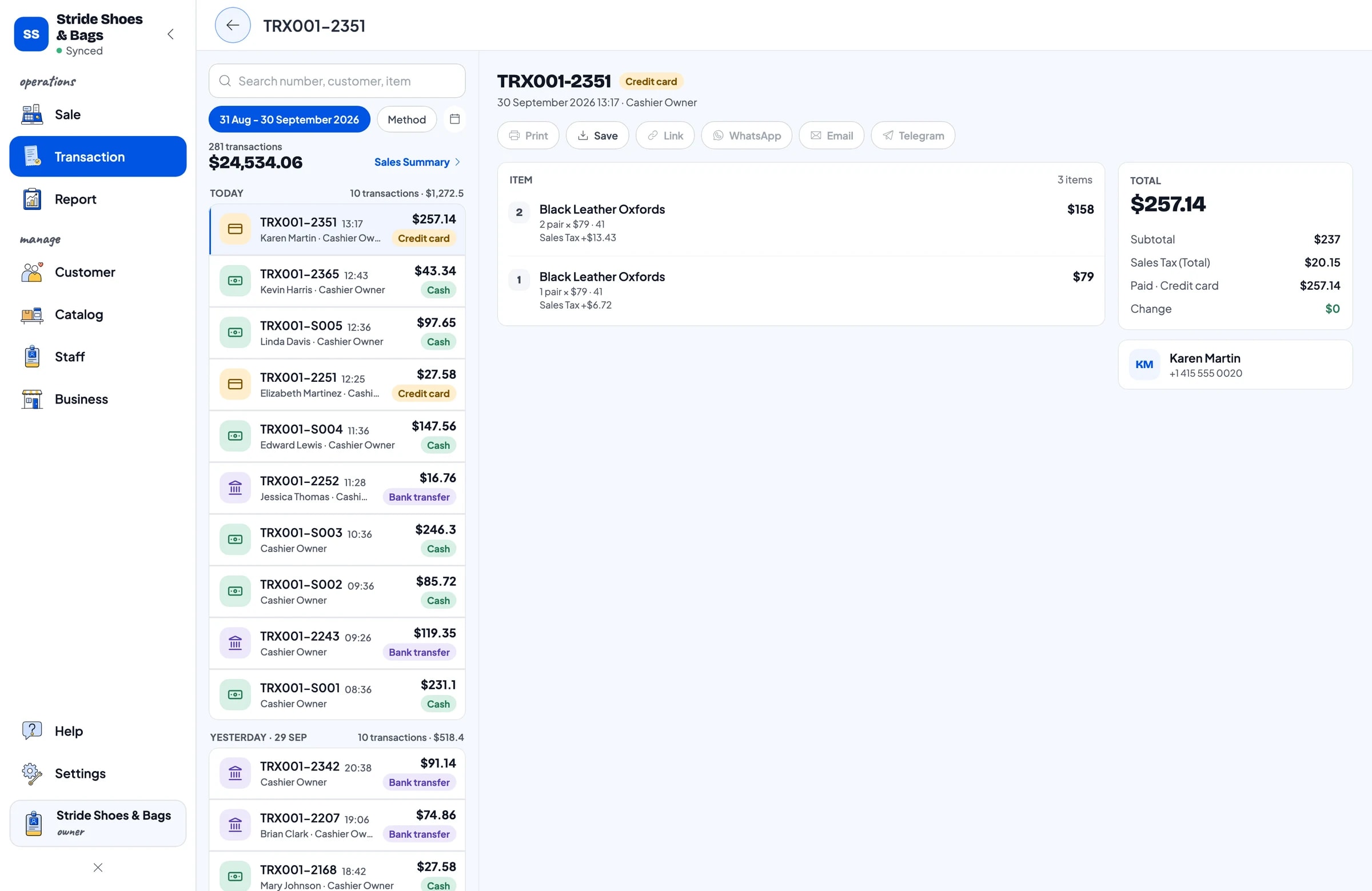 Recent sales at a shoe store with one sale's detail: items, sales tax, payment method and total