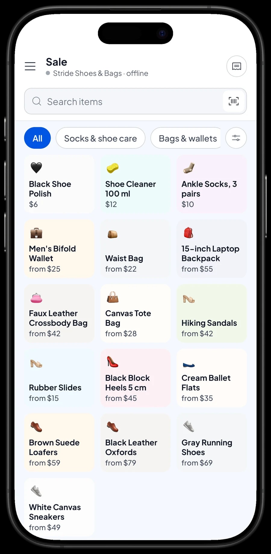 The Sale screen at Stride Shoes & Bags with Shoes, Sandals and Bags & wallets tabs and a customer's cart