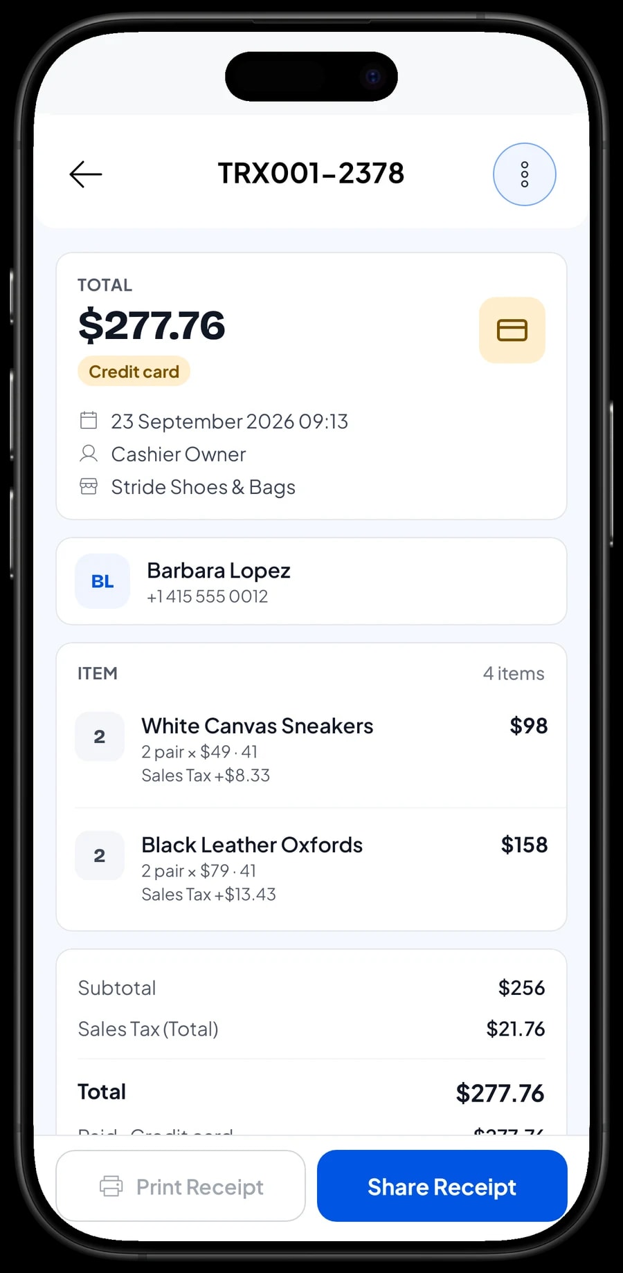 Recent sales at a shoe store with one sale's detail: items, sales tax, payment method and total