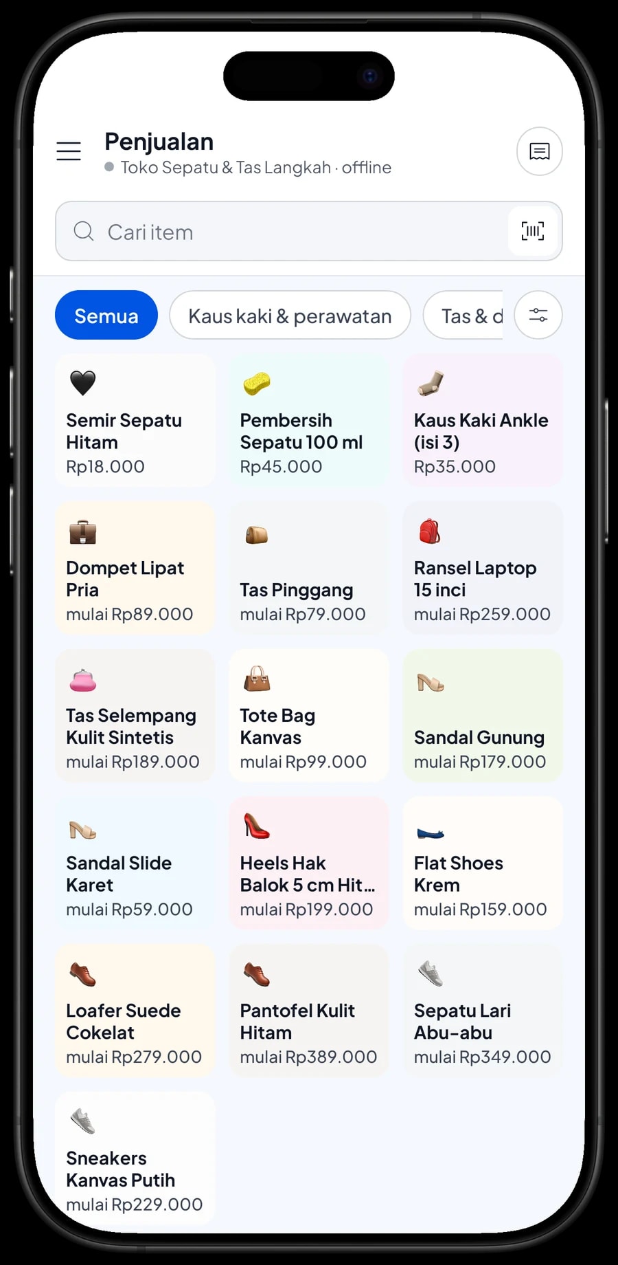 Layar Penjualan Toko Sepatu & Tas Langkah dengan tab Sepatu, Sandal, Tas & dompet dan keranjang pelanggan