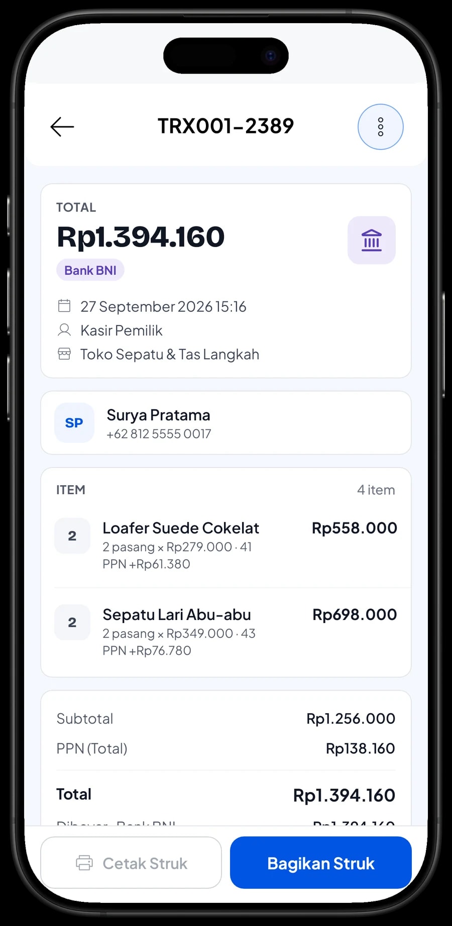 Riwayat transaksi toko sepatu dengan detail satu penjualan: barang, PPN, metode bayar dan total
