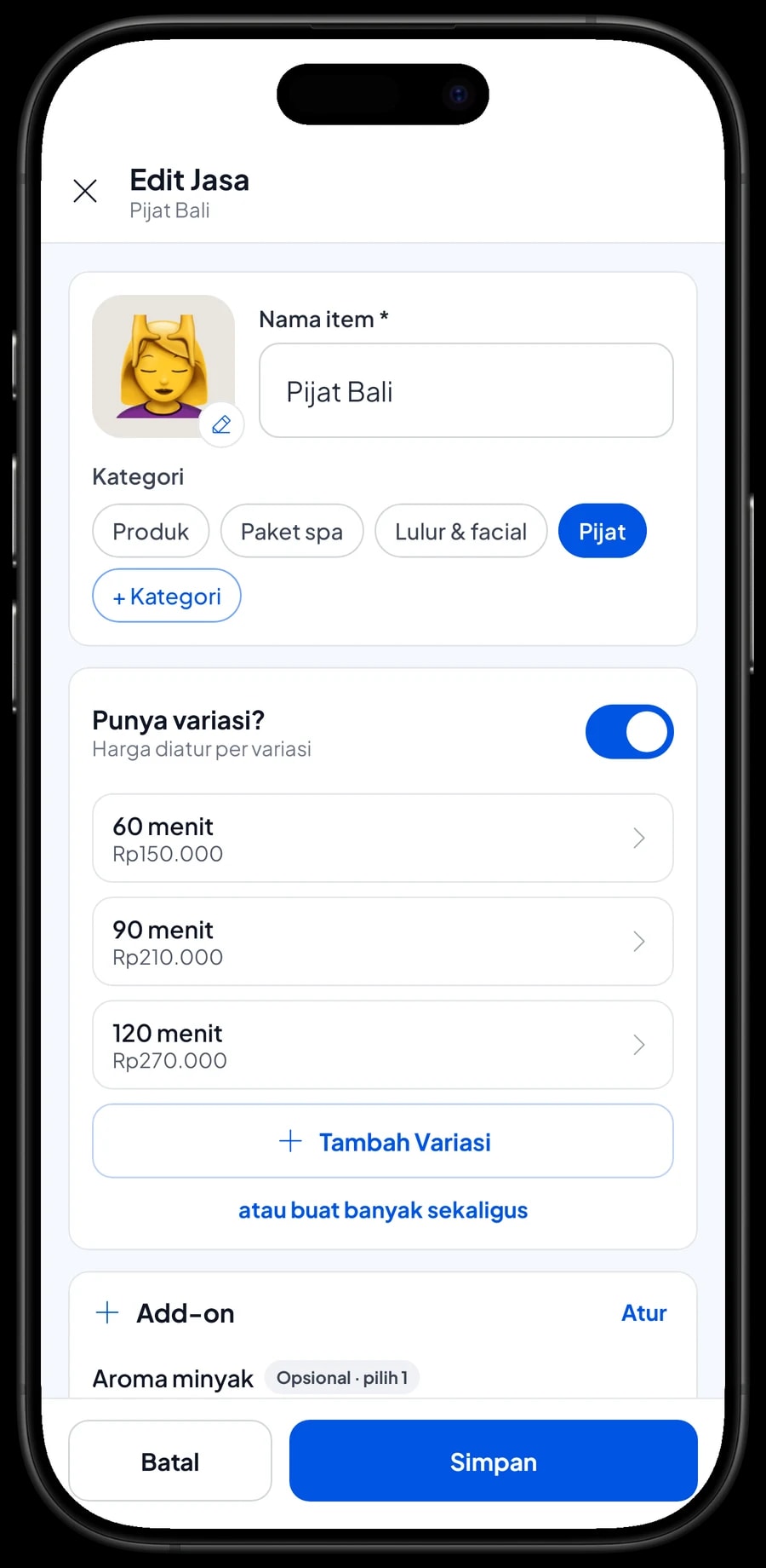 Edit item Pijat Bali dengan varian 60 menit, 90 menit dan 120 menit, masing-masing dengan harganya sendiri