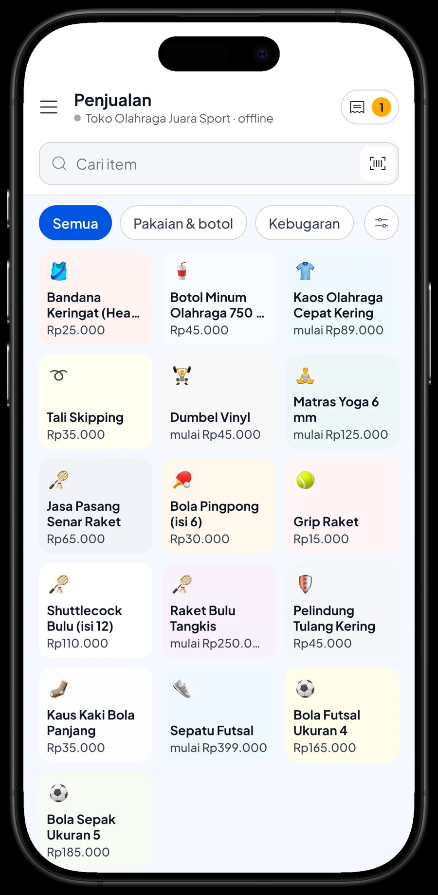Layar Penjualan Toko Olahraga Juara Sport dengan bola, raket, sepatu futsal dan perlengkapan kebugaran, serta keranjang belanja