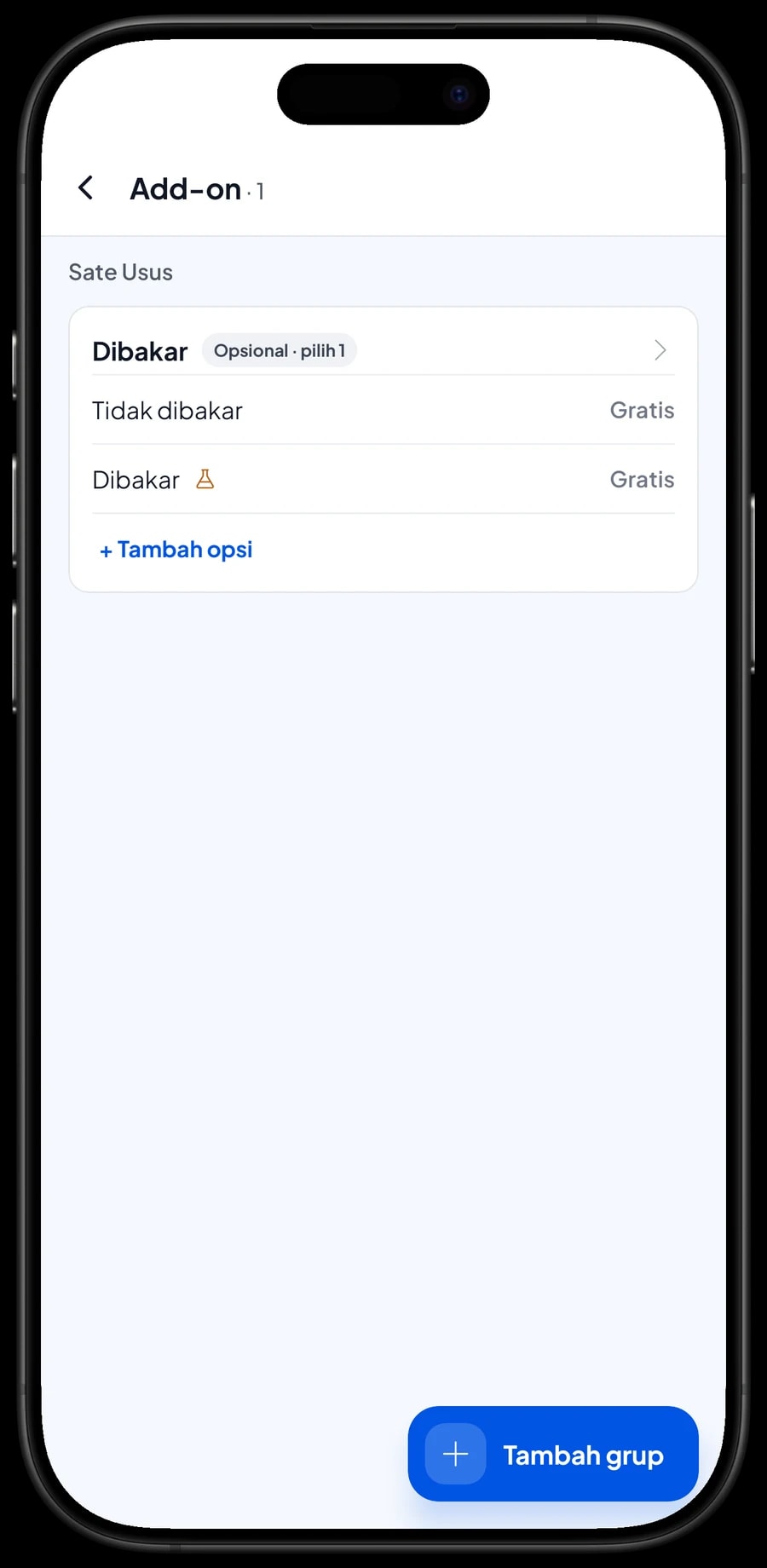 Grup add-on Dibakar untuk Sate Usus, dengan opsi Tidak dibakar dan Dibakar tanpa tambahan harga