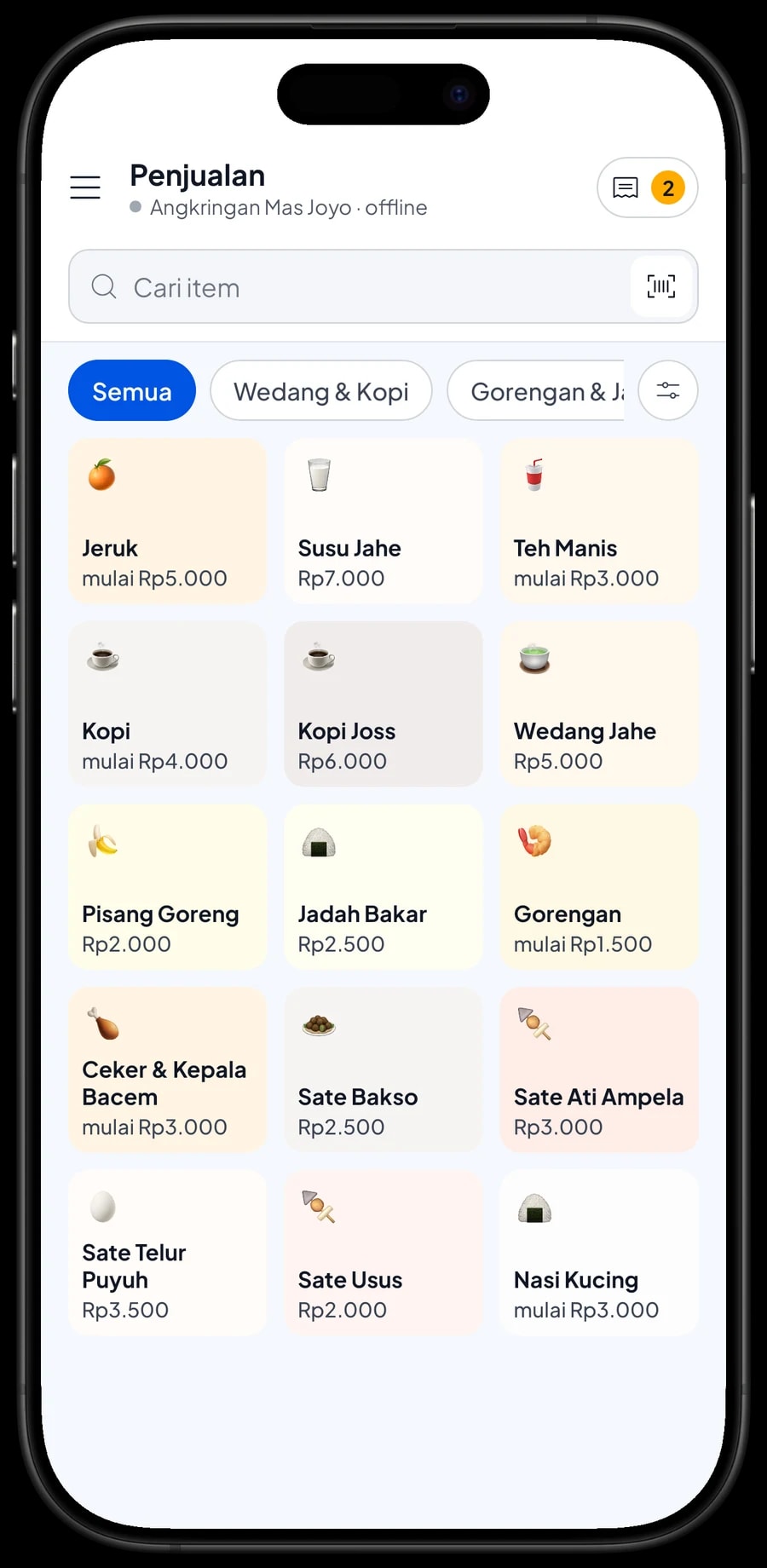 Layar Penjualan Angkringan Mas Joyo di tab Wedang & Kopi: jeruk, susu jahe, teh manis, kopi dan kopi joss