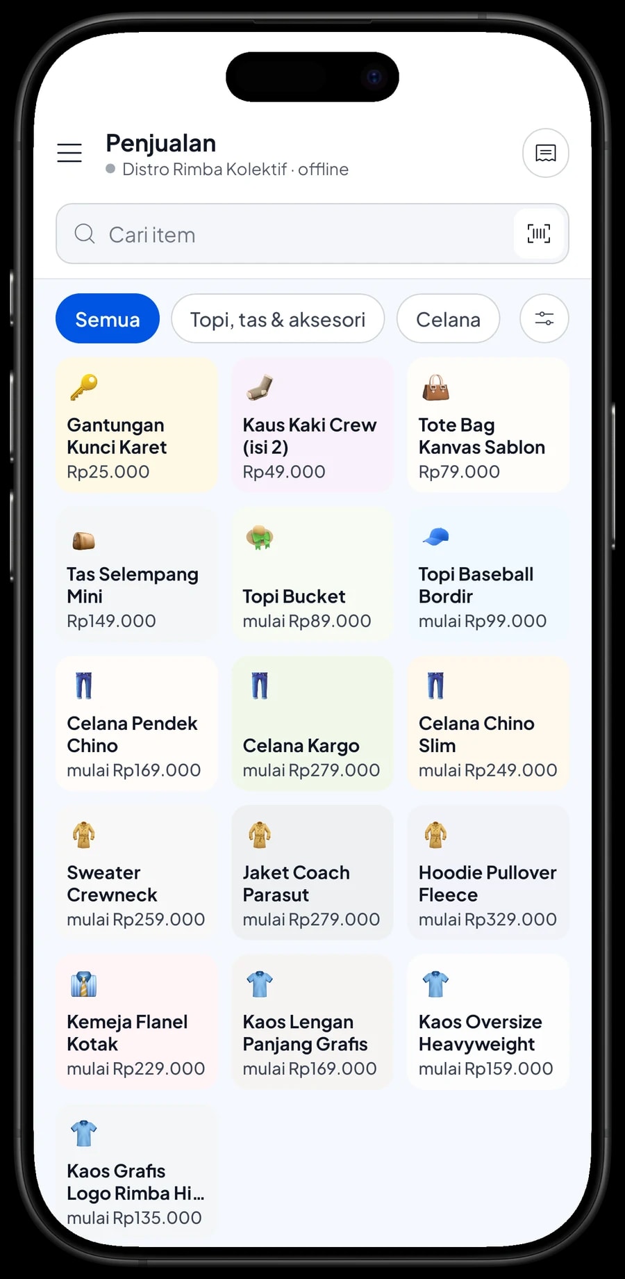 Layar Penjualan Distro Rimba Kolektif dengan tab kategori dan keranjang atas nama Budi Santoso