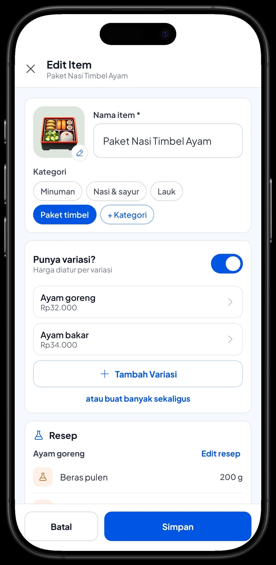 Edit item Paket Nasi Timbel Ayam dengan varian Ayam goreng dan Ayam bakar, masing-masing dengan harga sendiri