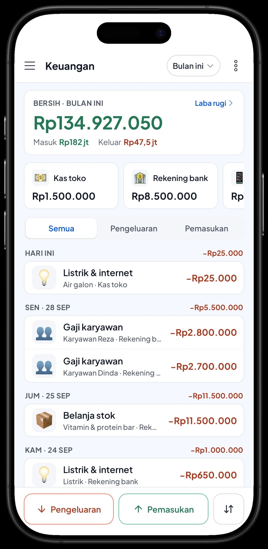 Pengeluaran bulan ini: order distributor, stok vitamin dan protein bar, gaji Reza dan Dinda, dan iklan media sosial