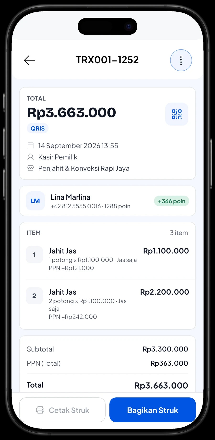 Daftar transaksi Rapi Jaya dengan detail satu nota: item, PPN, metode bayar dan poin