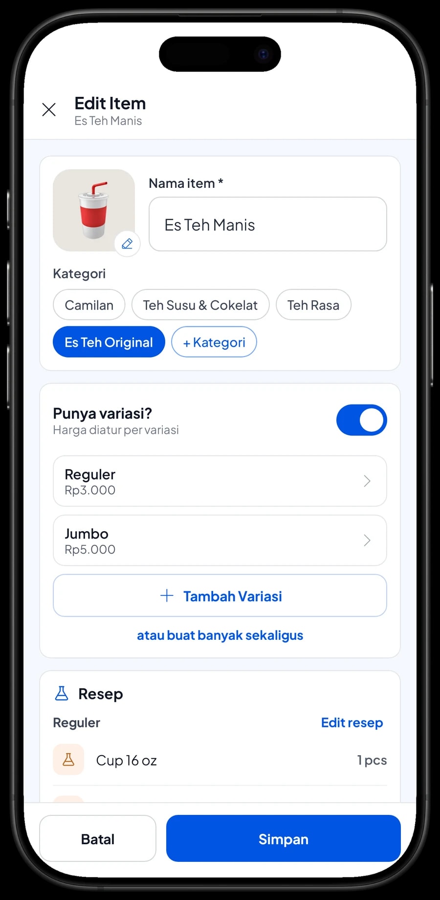 Edit item Es Teh Manis dengan varian Reguler Rp3.000 dan Jumbo Rp5.000