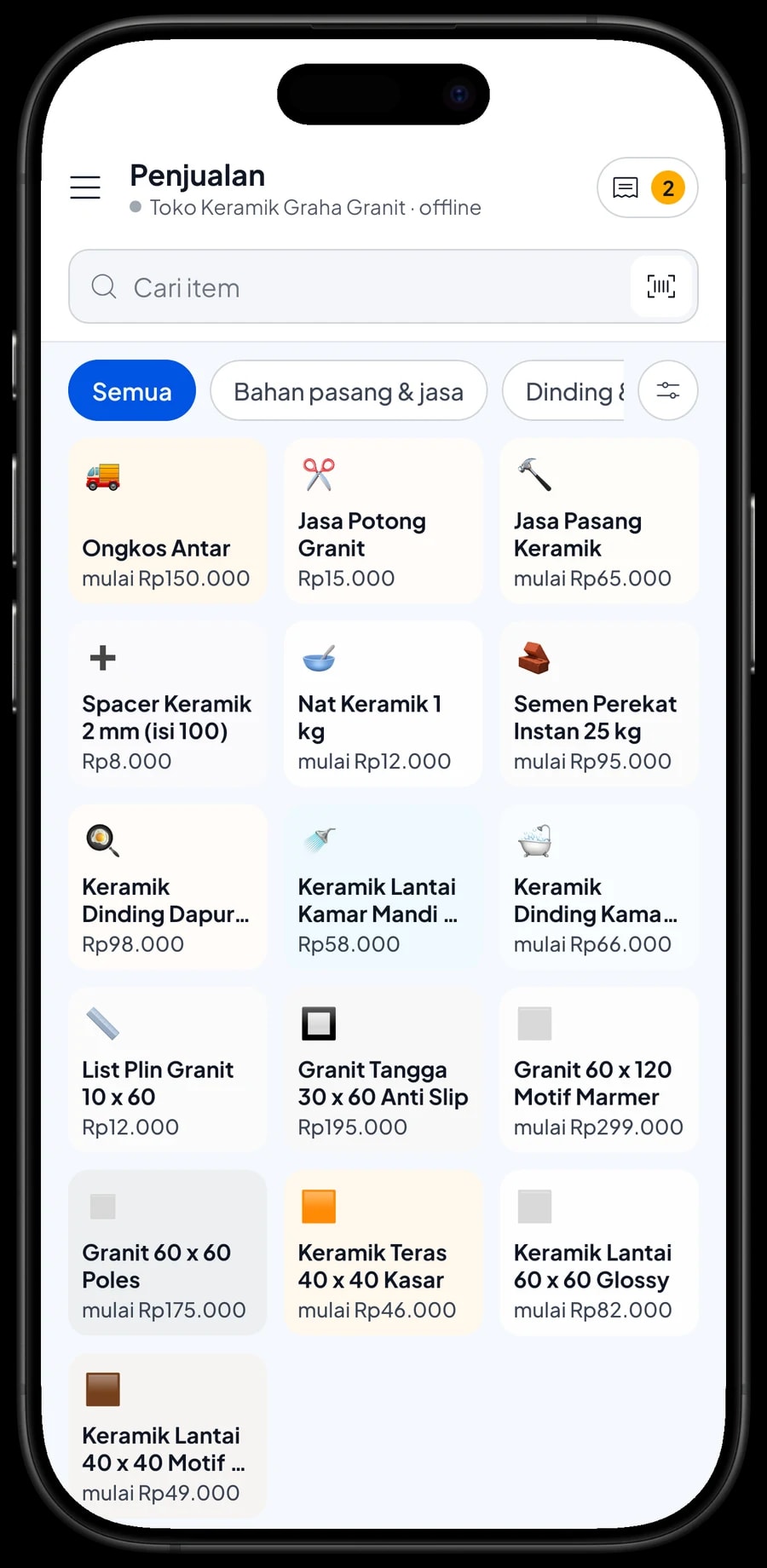 Layar Penjualan Toko Keramik Graha Granit: keranjang berisi Jasa Pasang Keramik 2 m² dan Granit Tangga Anti Slip