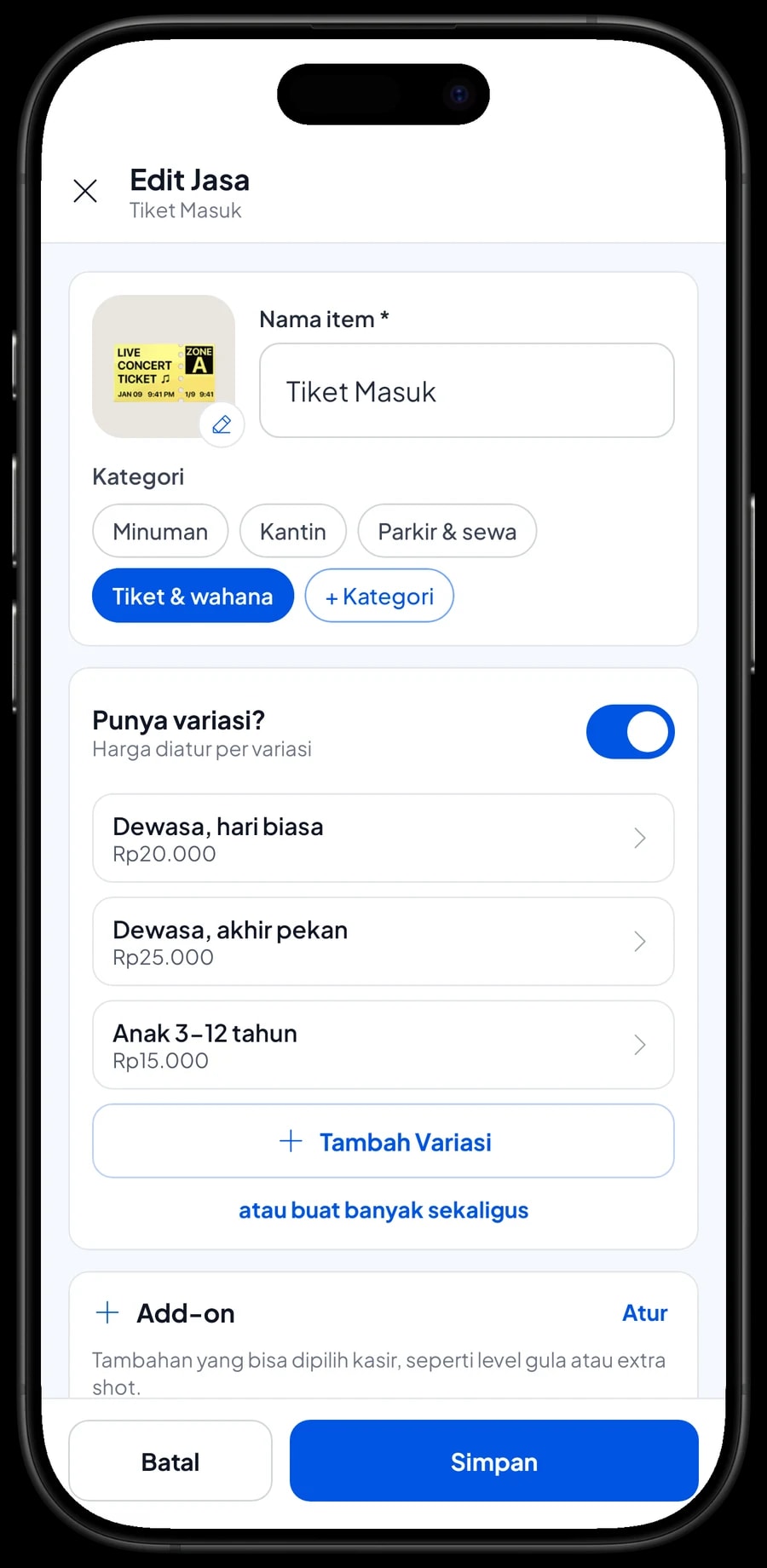 Edit item Tiket Masuk: varian Dewasa hari biasa, Dewasa akhir pekan dan Anak 3-12 tahun dengan harga sendiri