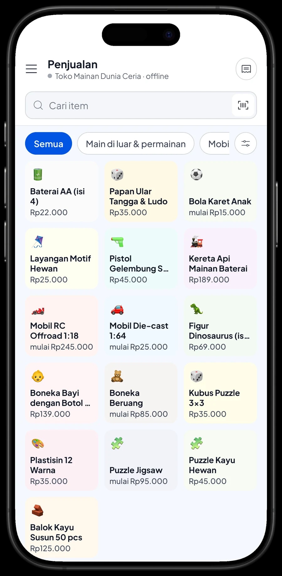 Layar Penjualan Toko Mainan Dunia Ceria dengan tab Edukasi & puzzle, Boneka & figur dan Mobil & RC