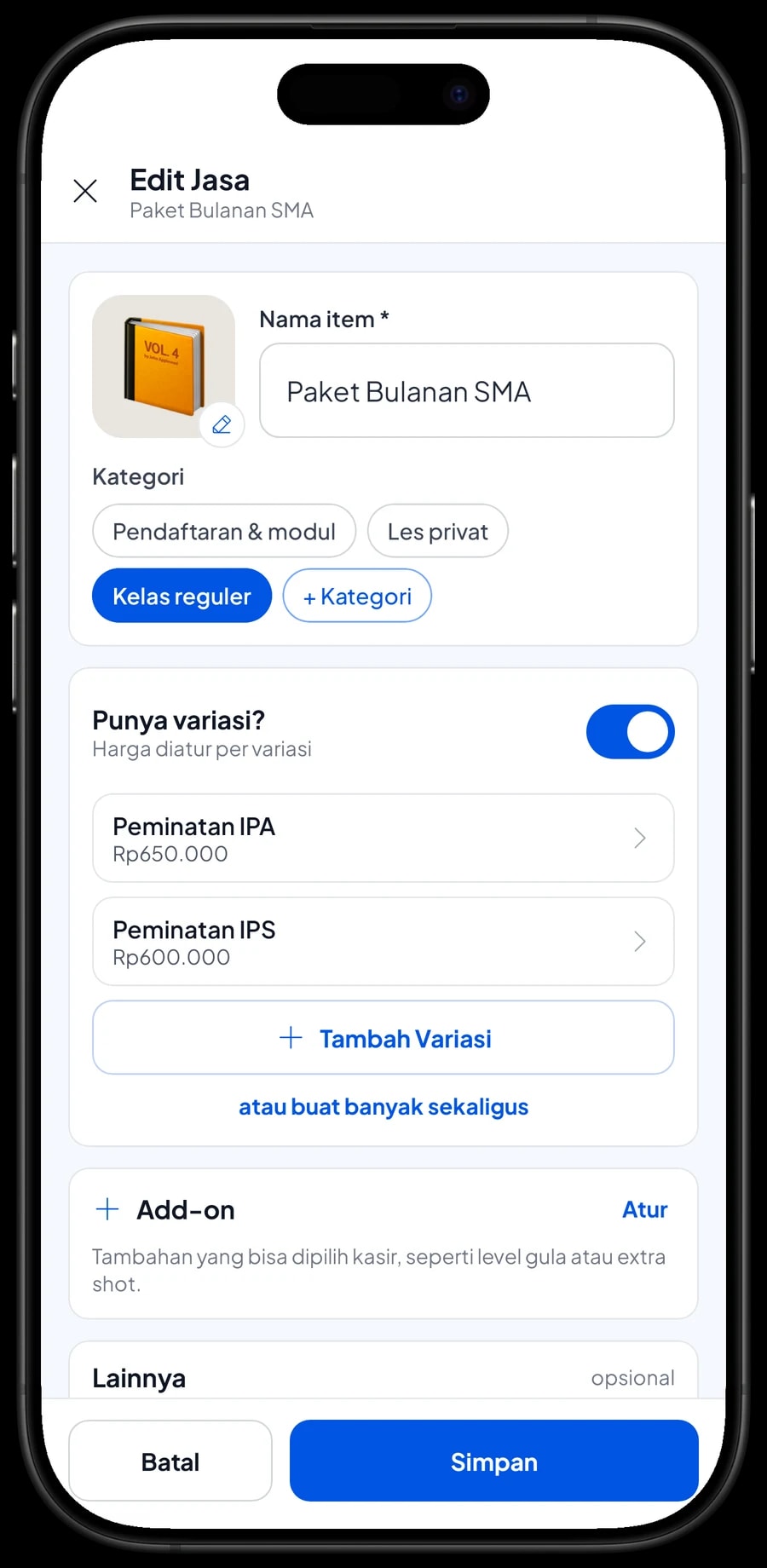 Edit item Paket Bulanan SMA: varian Peminatan IPA dan Peminatan IPS, masing-masing dengan harga sendiri