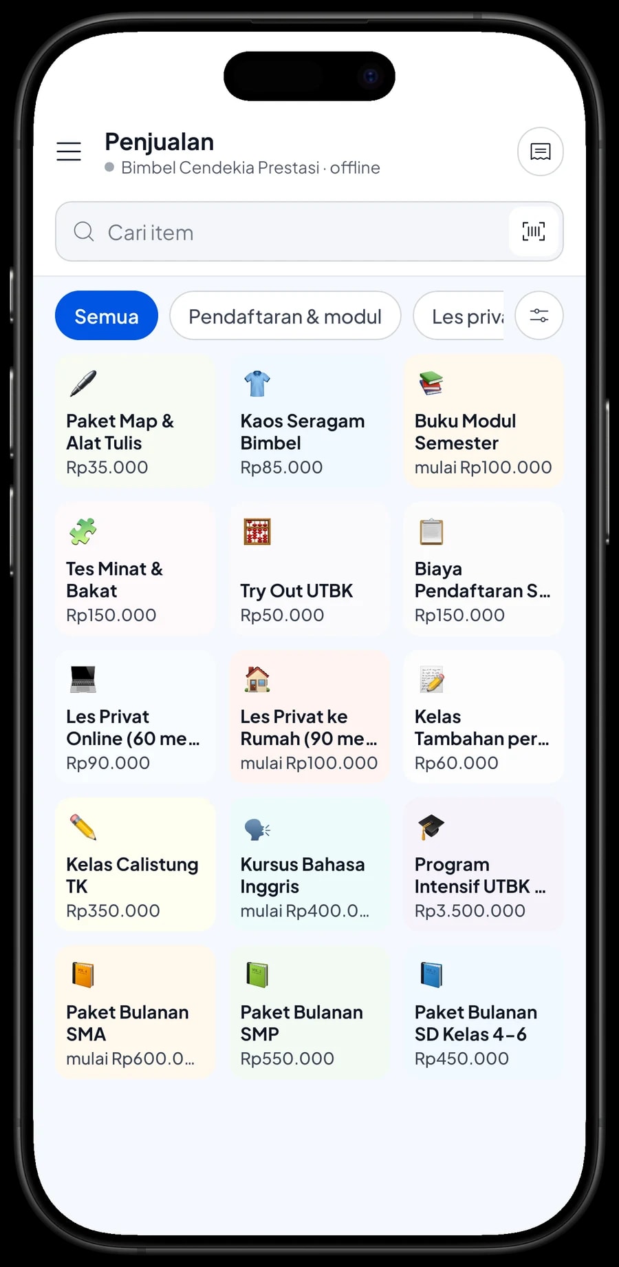 Layar Penjualan Bimbel Cendekia Prestasi dengan paket kelas, les privat dan modul per kategori, serta keranjang pembayaran