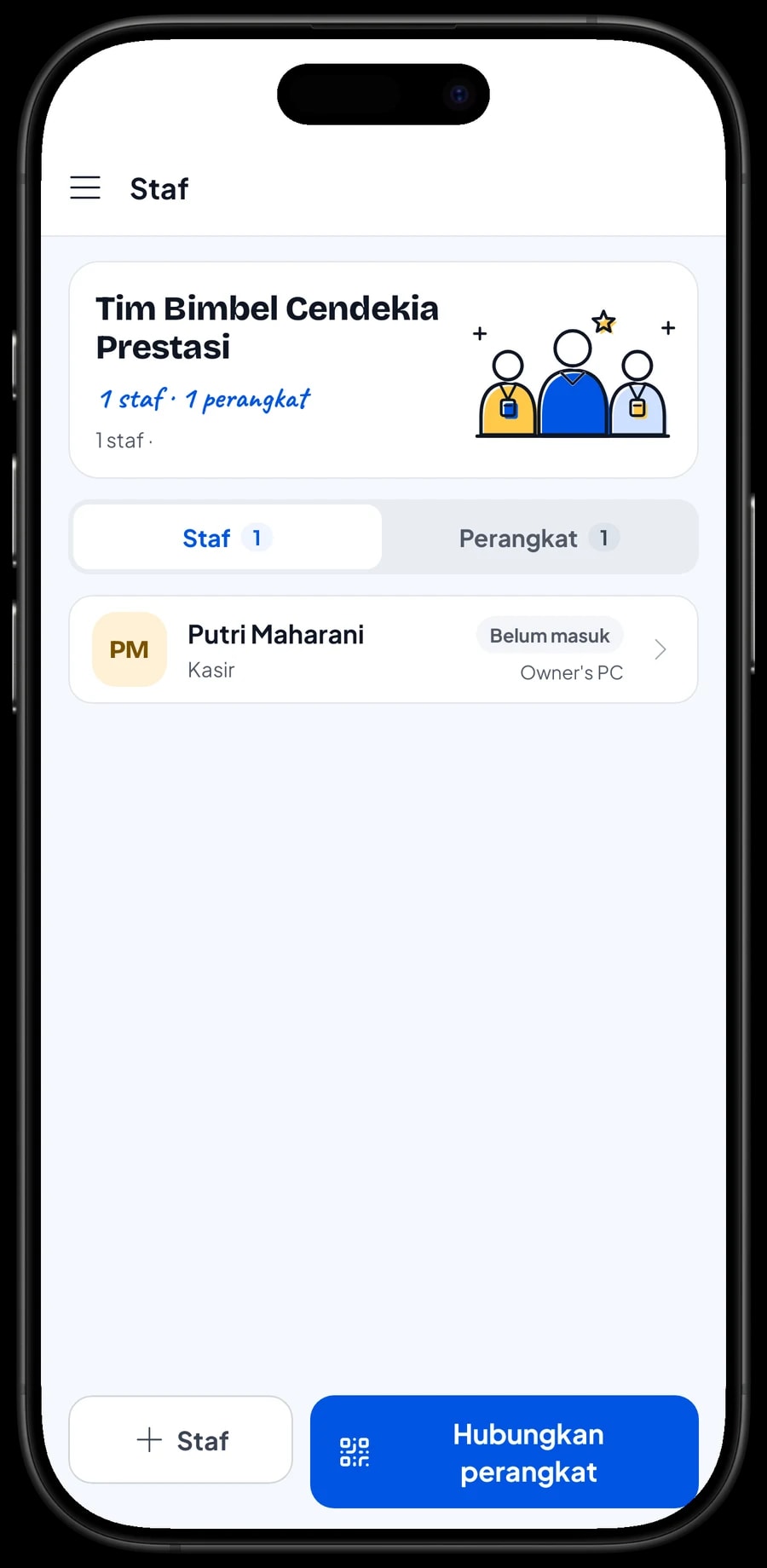Staf masuk di perangkat kasir: pilih nama staf, lalu masuk dengan PIN