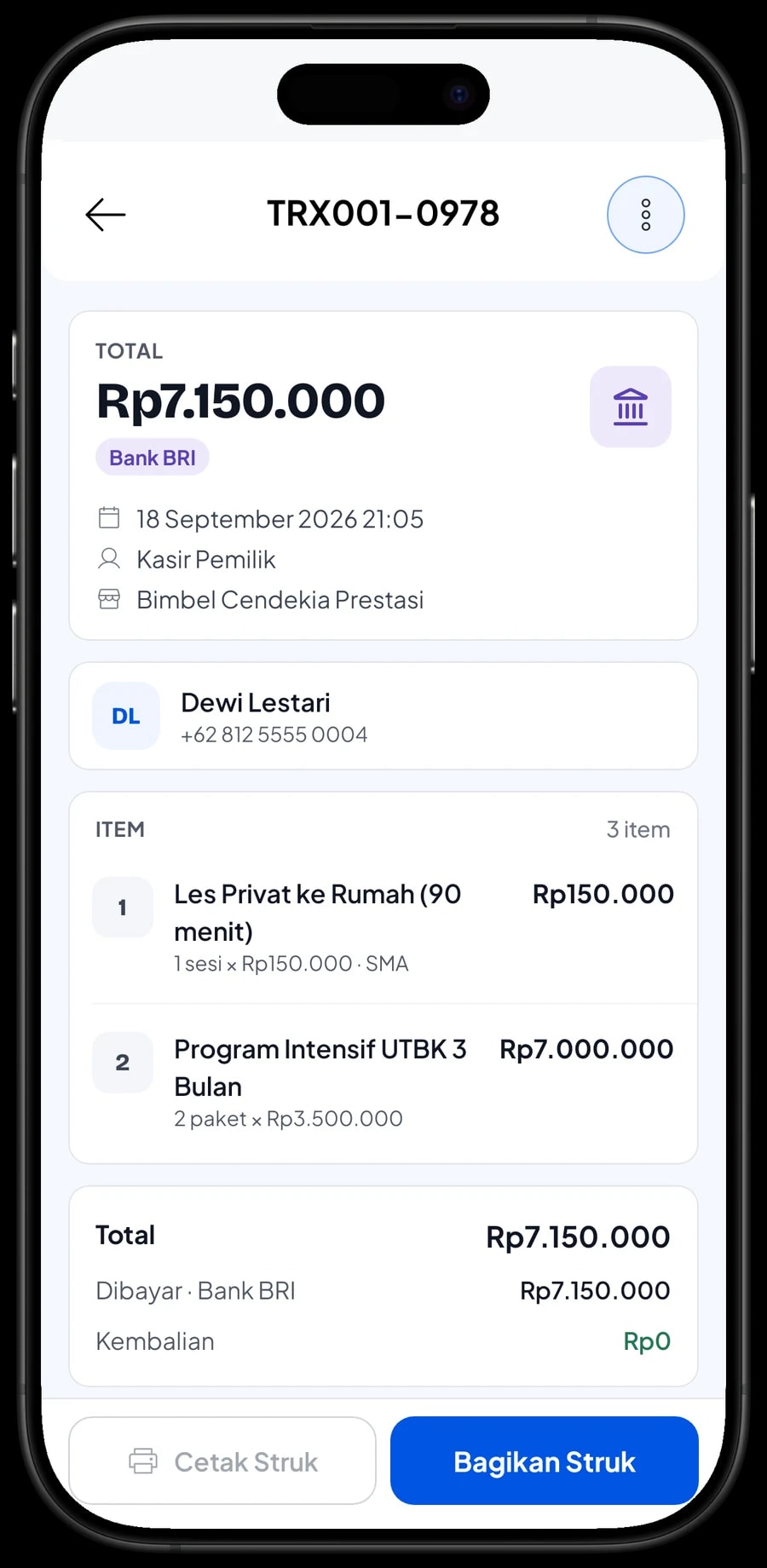 Daftar transaksi bimbel dengan detail satu pembayaran: paket kelas, nama siswa dan metode bayar