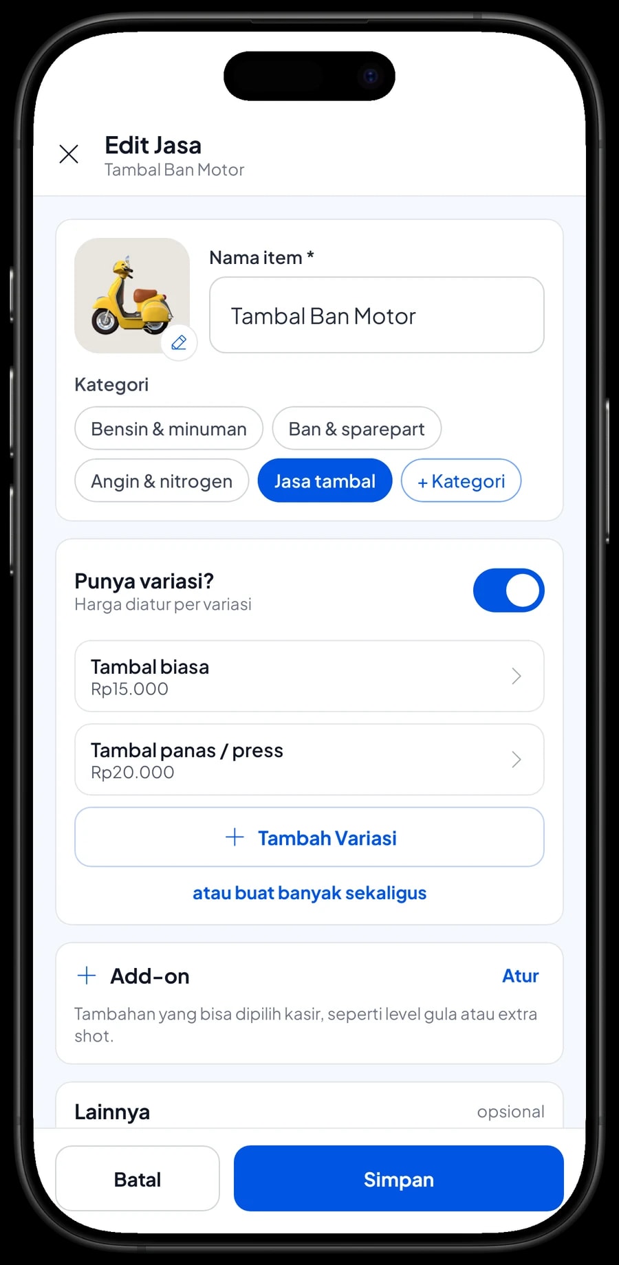 Edit item Tambal Ban Motor dengan varian Tambal biasa Rp15.000 dan Tambal panas / press Rp20.000
