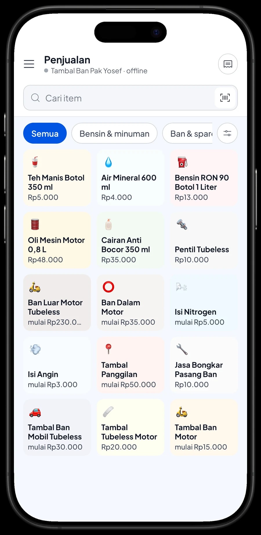 Layar Penjualan tambal ban dengan jasa tambal, isi angin, ban dalam dan minuman beserta harganya