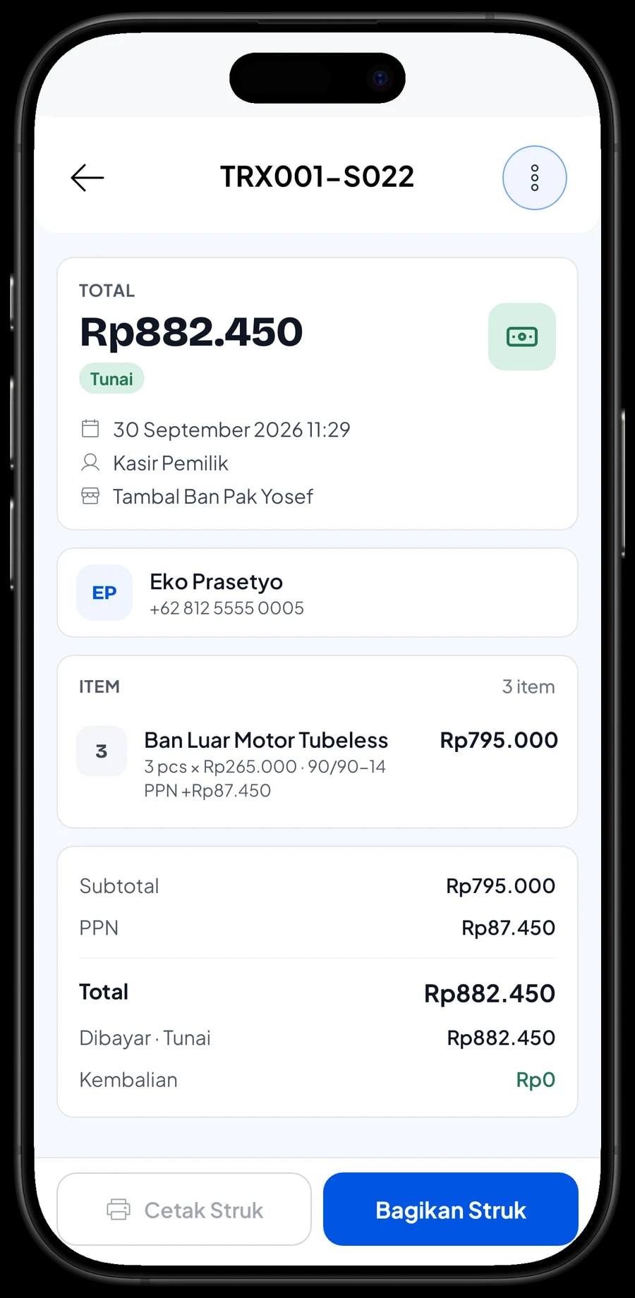 Detail transaksi tambal ban: barang atau jasa dengan variannya, jumlah, PPN, pelanggan dan metode bayar