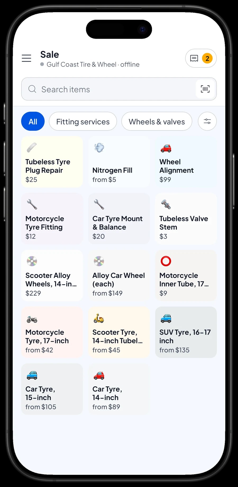 The tyre shop's Sale screen with car tyres, motorcycle tyres, wheels and fitting services with prices