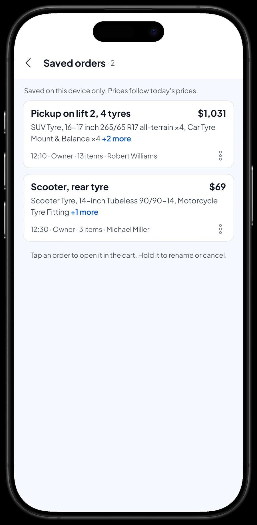 Saved orders waiting to be paid: a pickup on lift 2 with 4 tyres, and a scooter rear tyre