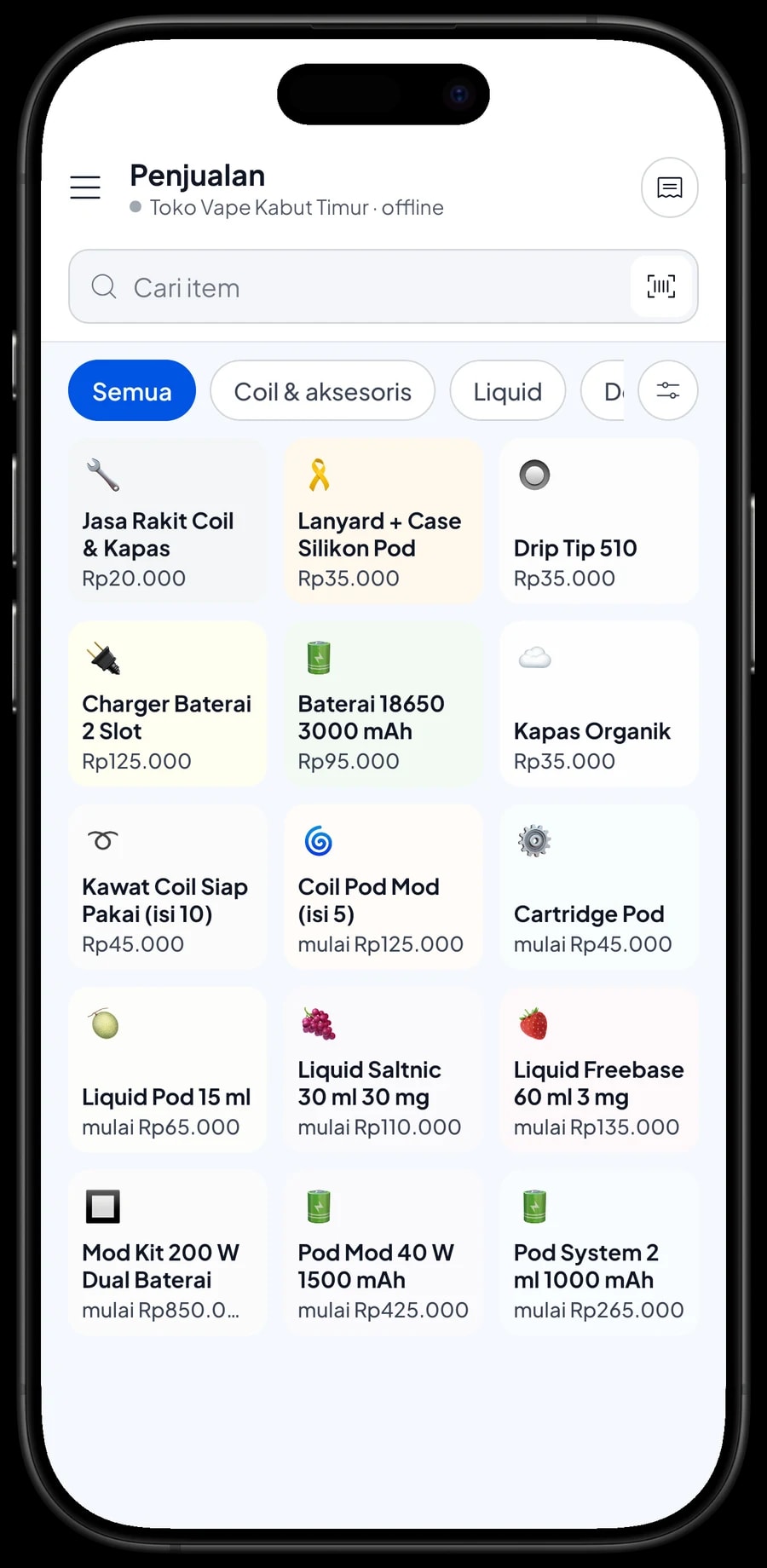 Layar Penjualan Toko Vape Kabut Timur dengan tab Device, Liquid, dan Coil & aksesoris