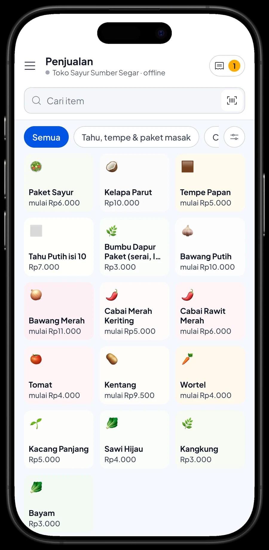 Layar Penjualan Toko Sayur Sumber Segar dengan kategori sayur, cabai dan tahu tempe, serta keranjang pembeli
