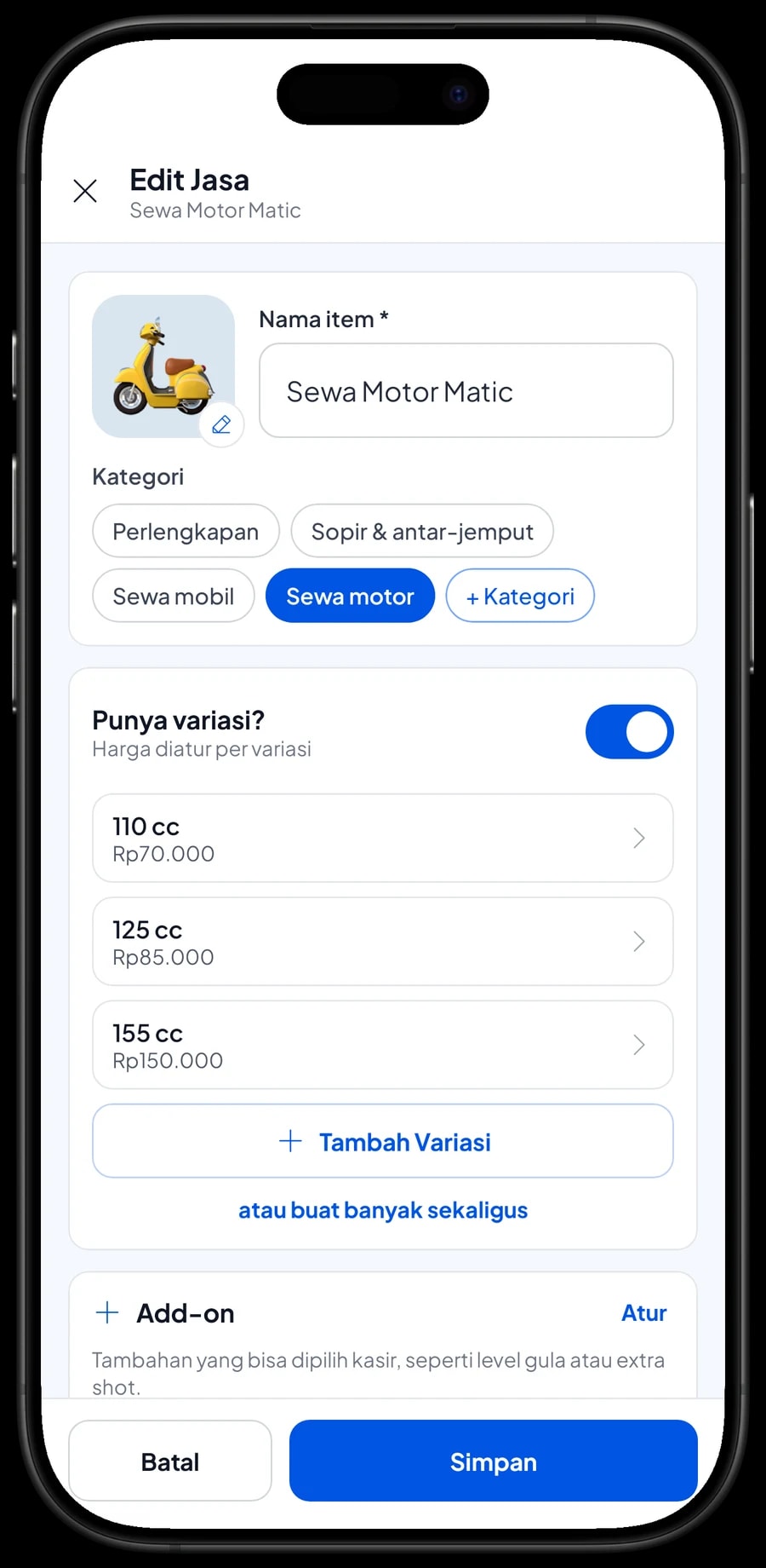Edit item Sewa Motor Matic dengan varian 110 cc, 125 cc dan 155 cc, masing-masing dengan tarif per hari