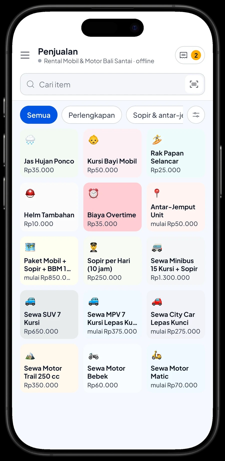 Layar Penjualan rental dengan sewa motor, sewa mobil, sopir dan perlengkapan beserta tarifnya